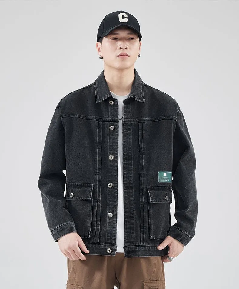 Vintage Washed Cotton Denim Jacket featuring Bellows Pockets and Label Detailing