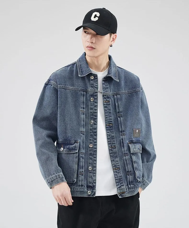 Vintage Washed Cotton Denim Jacket featuring Bellows Pockets and Label Detailing