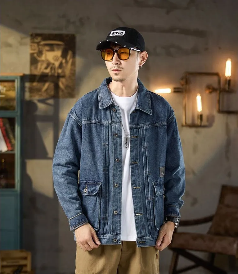 Vintage Washed Cotton Denim Jacket featuring Bellows Pockets and Label Detailing
