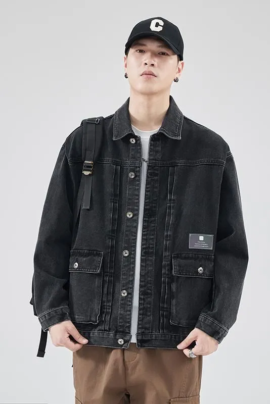 Vintage Washed Cotton Denim Jacket featuring Bellows Pockets and Label Detailing