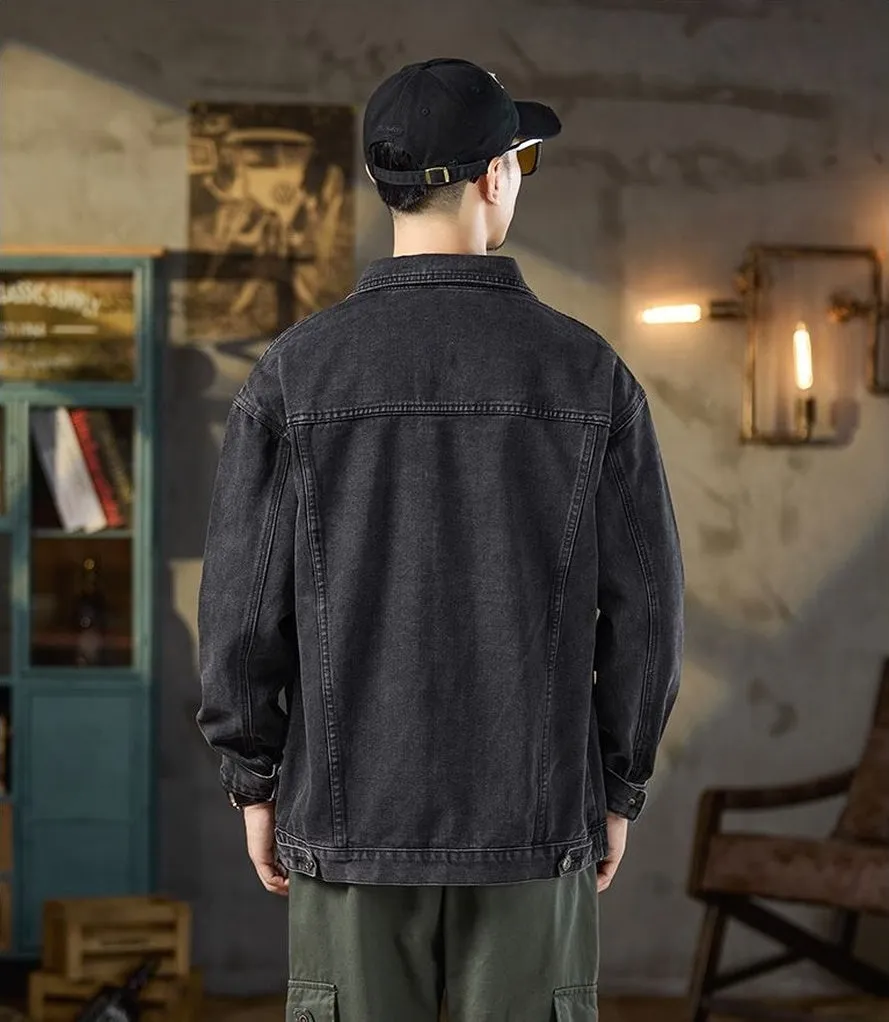 Vintage Washed Cotton Denim Jacket featuring Bellows Pockets and Label Detailing
