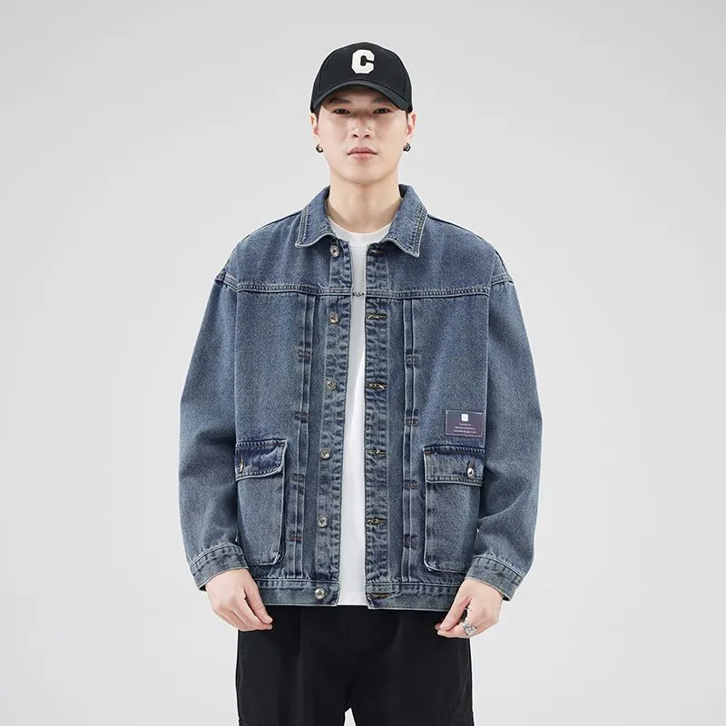 Vintage Washed Cotton Denim Jacket featuring Bellows Pockets and Label Detailing