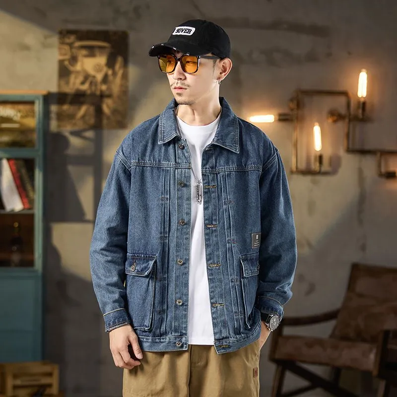 Vintage Washed Cotton Denim Jacket featuring Bellows Pockets and Label Detailing