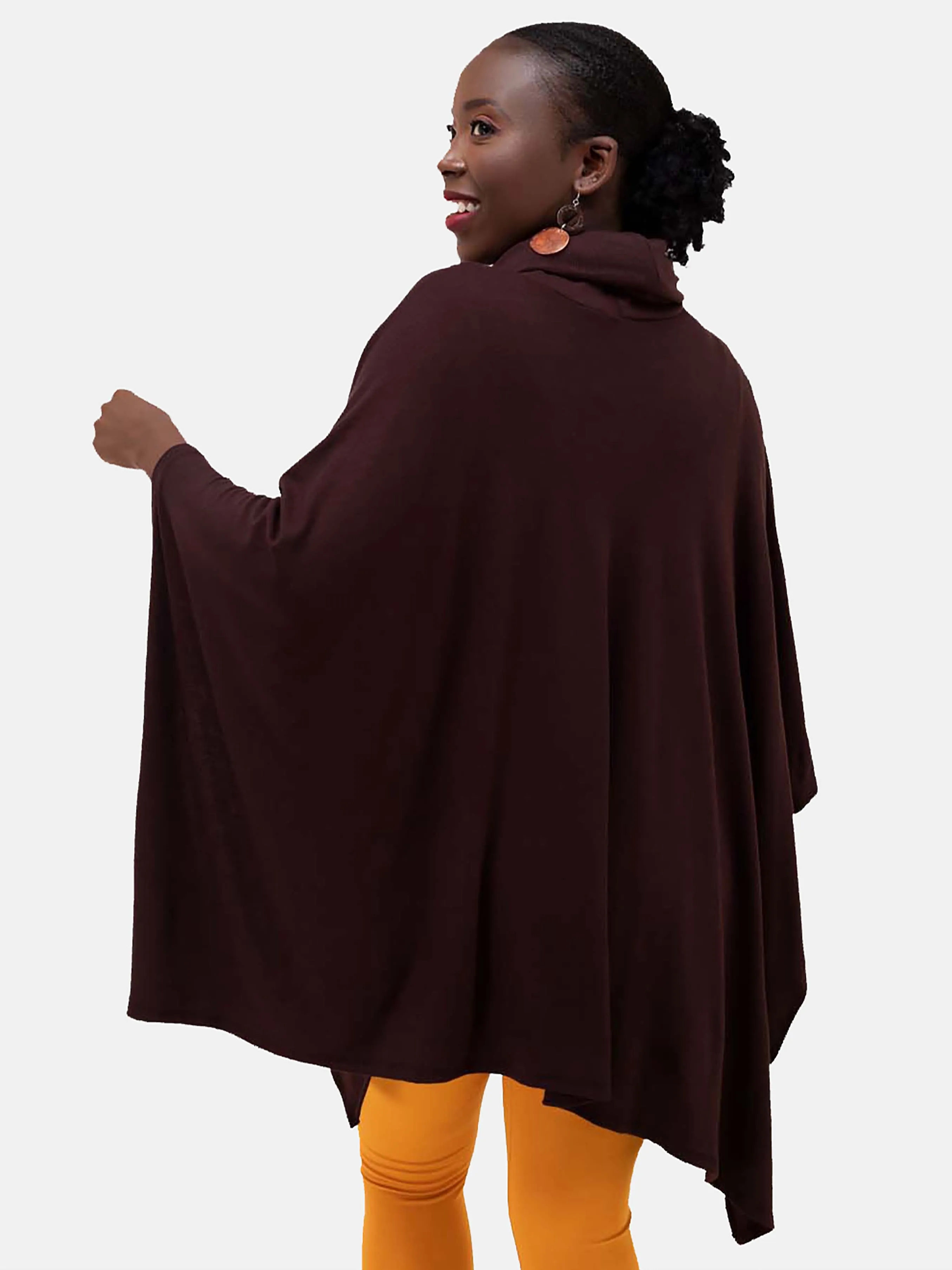 Vivo Basic Turtle Neck Ribbed Poncho - Chocolate Brown
