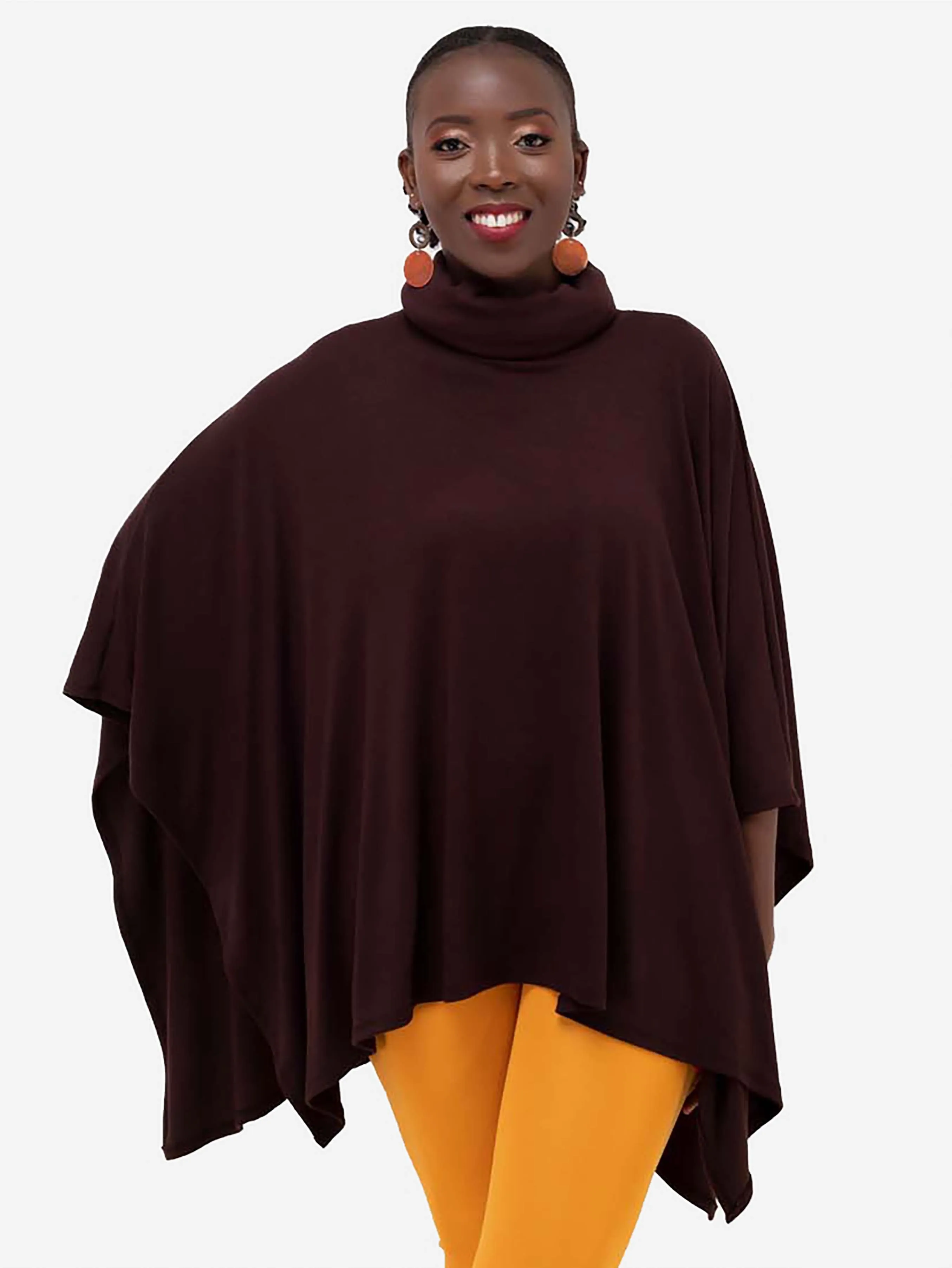 Vivo Basic Turtle Neck Ribbed Poncho - Chocolate Brown