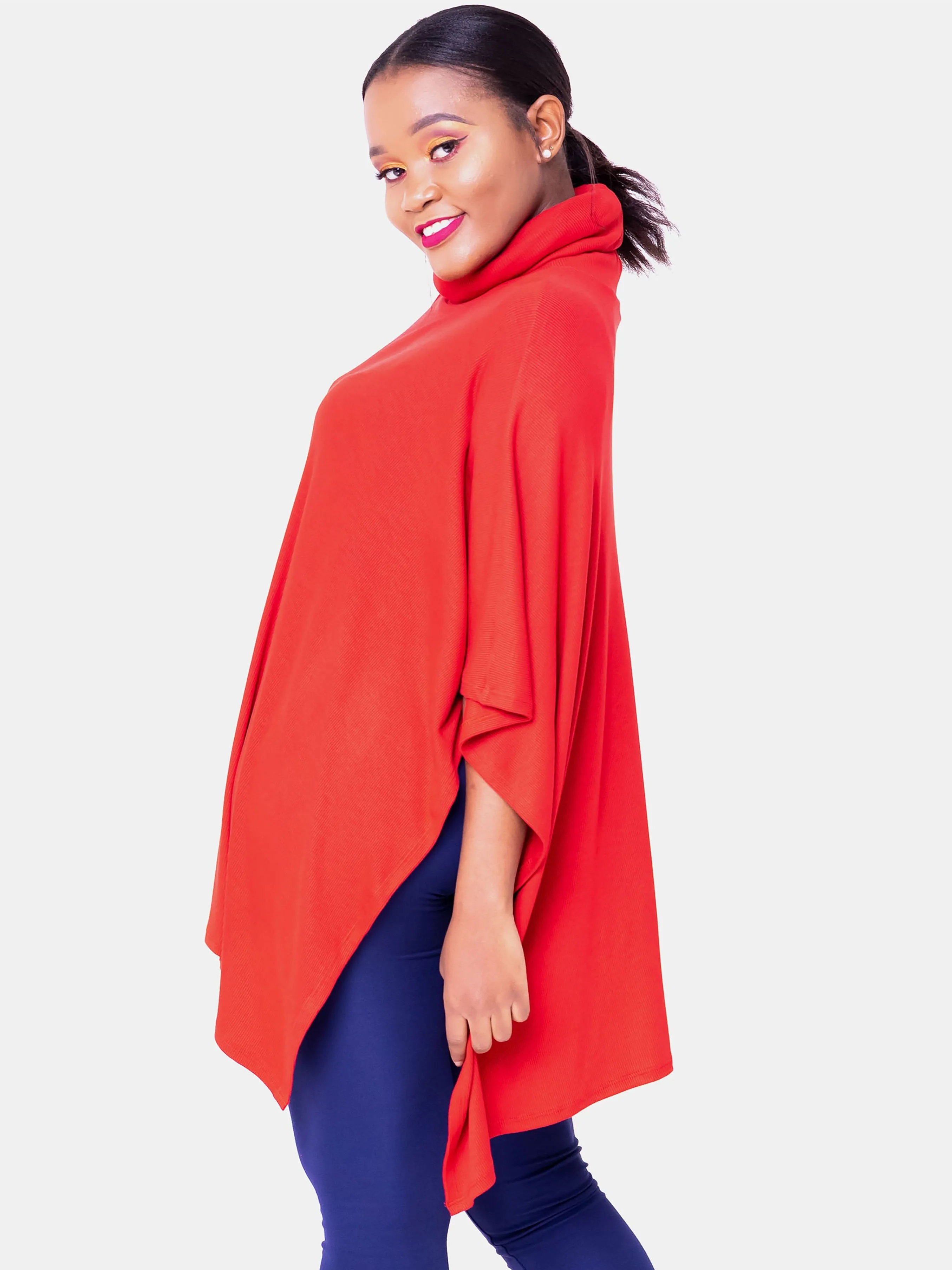 Vivo Basic Turtle Neck Ribbed Poncho - Rust