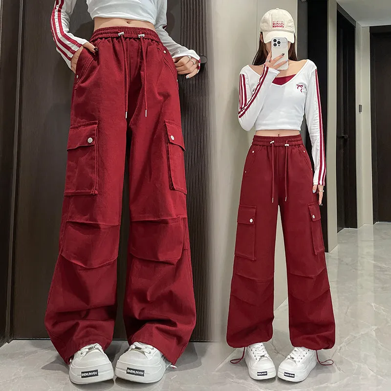 Washed Cotton Cargo Pants for Women Featuring Pleated Details and Patchwork Design