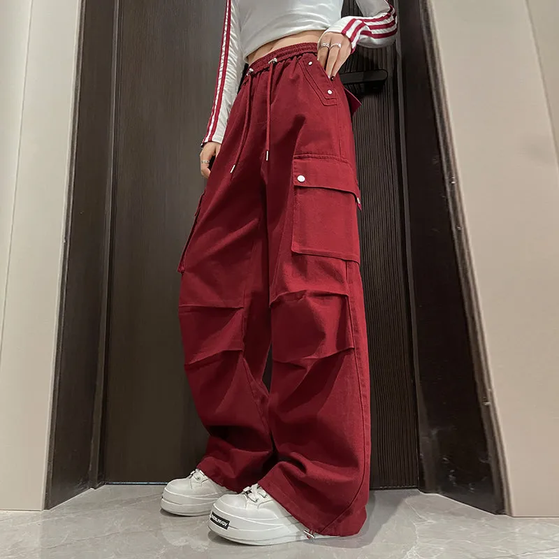 Washed Cotton Cargo Pants for Women Featuring Pleated Details and Patchwork Design