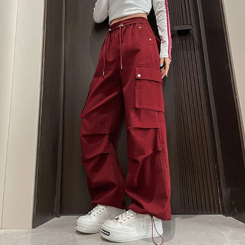 Washed Cotton Cargo Pants for Women Featuring Pleated Details and Patchwork Design