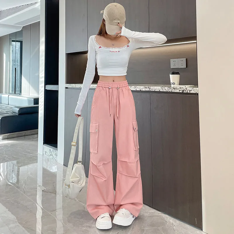Washed Cotton Cargo Pants for Women Featuring Pleated Details and Patchwork Design