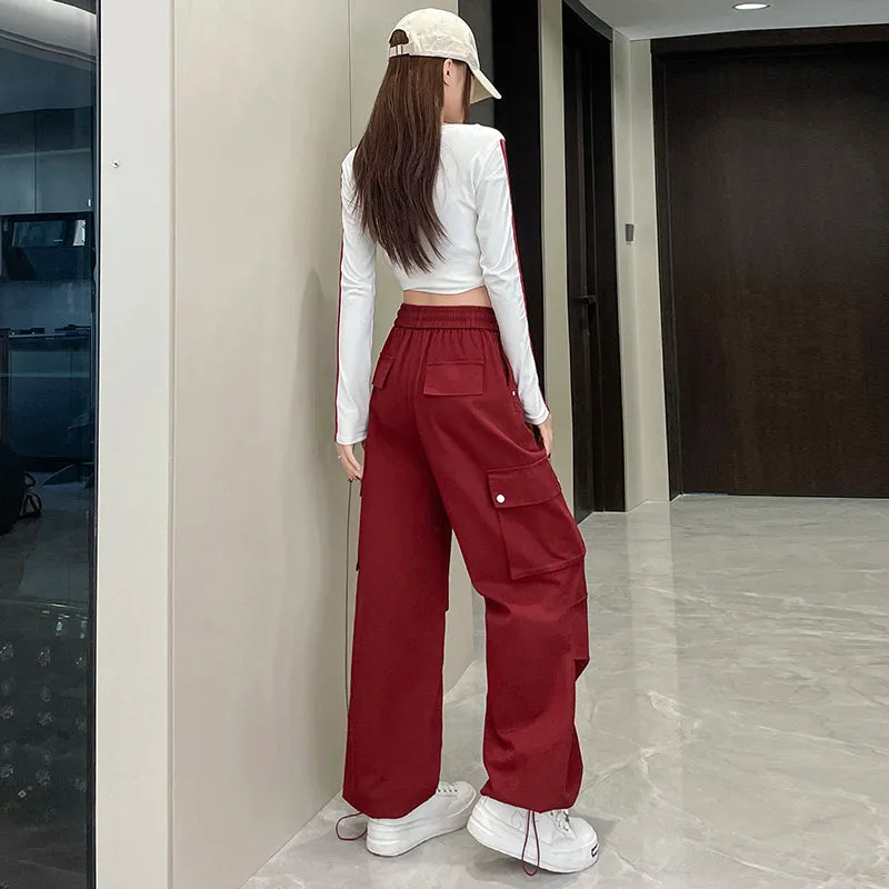 Washed Cotton Cargo Pants for Women Featuring Pleated Details and Patchwork Design