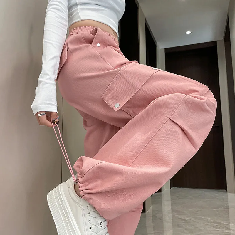 Washed Cotton Cargo Pants for Women Featuring Pleated Details and Patchwork Design