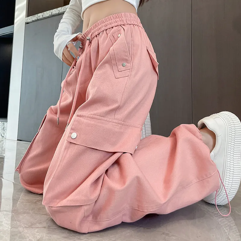 Washed Cotton Cargo Pants for Women Featuring Pleated Details and Patchwork Design