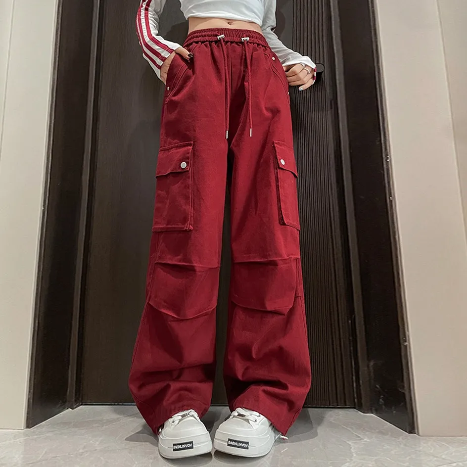 Washed Cotton Cargo Pants for Women Featuring Pleated Details and Patchwork Design