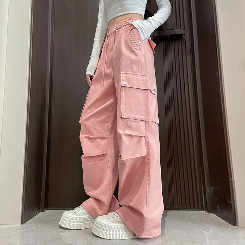 Washed Cotton Cargo Pants for Women Featuring Pleated Details and Patchwork Design