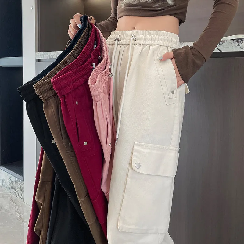 Washed Cotton Cargo Pants for Women Featuring Pleated Details and Patchwork Design