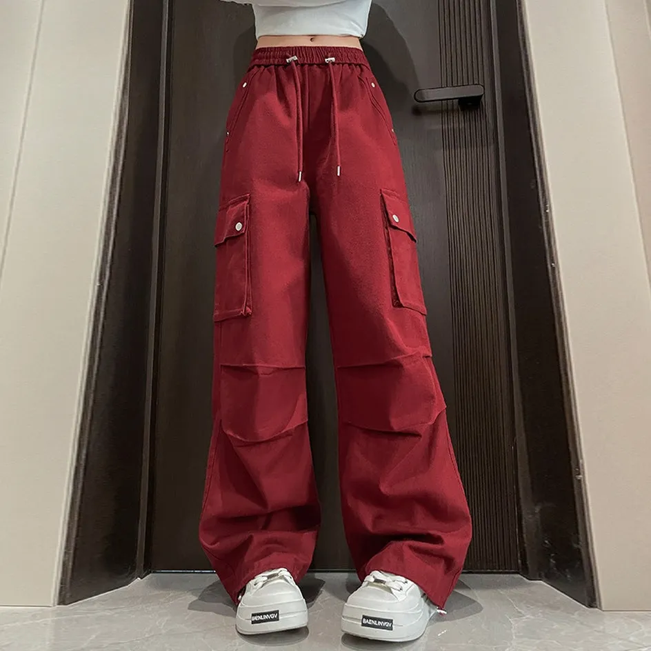 Washed Cotton Cargo Pants for Women Featuring Pleated Details and Patchwork Design