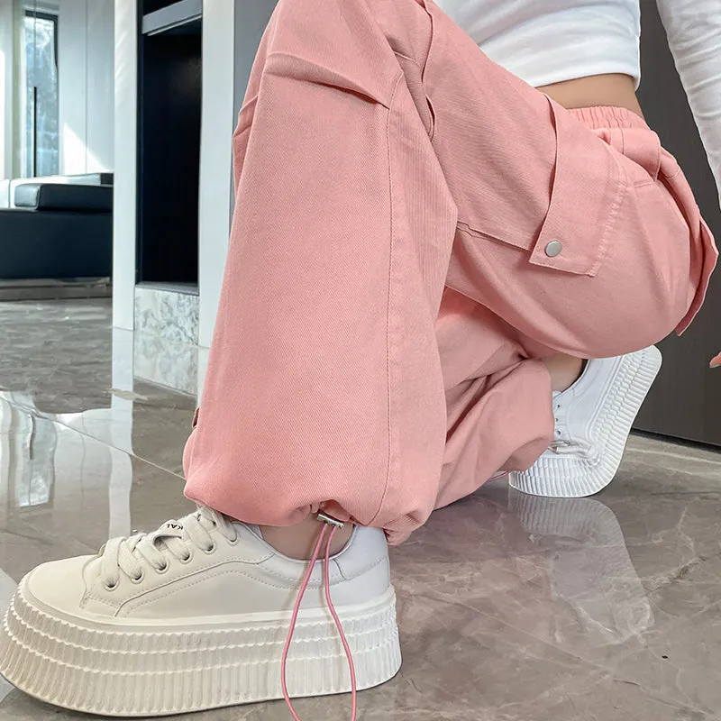 Washed Cotton Cargo Pants for Women Featuring Pleated Details and Patchwork Design