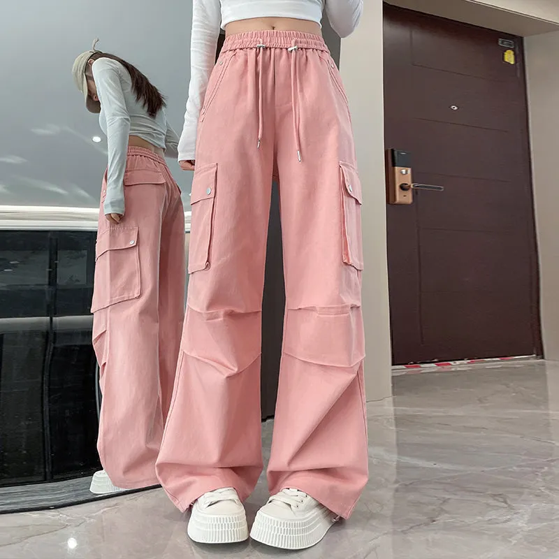 Washed Cotton Cargo Pants for Women Featuring Pleated Details and Patchwork Design
