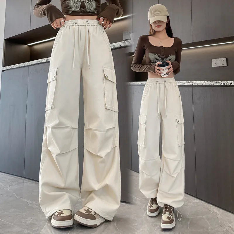 Washed Cotton Cargo Pants for Women Featuring Pleated Details and Patchwork Design