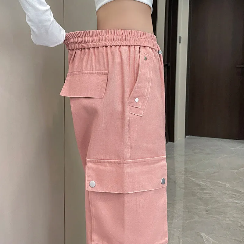Washed Cotton Cargo Pants for Women Featuring Pleated Details and Patchwork Design