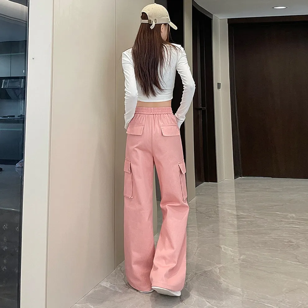 Washed Cotton Cargo Pants for Women Featuring Pleated Details and Patchwork Design