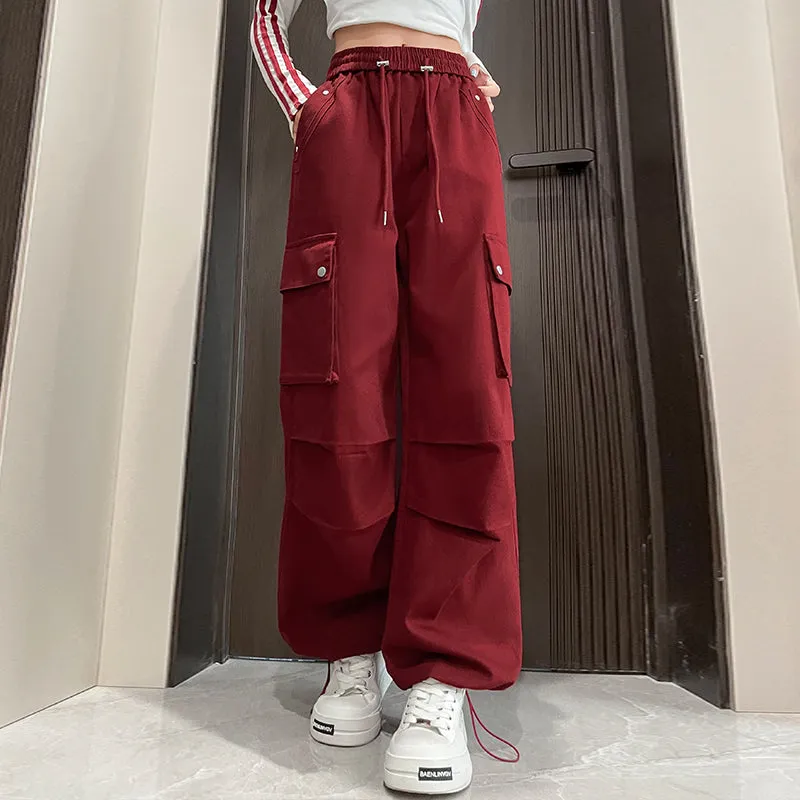 Washed Cotton Cargo Pants for Women Featuring Pleated Details and Patchwork Design