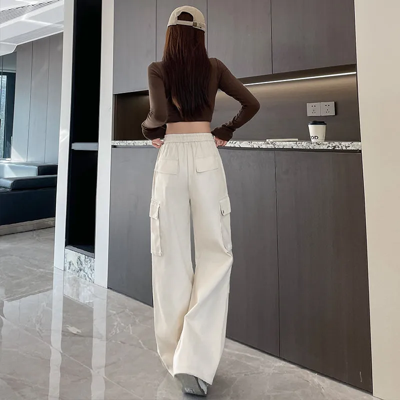Washed Cotton Cargo Pants for Women Featuring Pleated Details and Patchwork Design