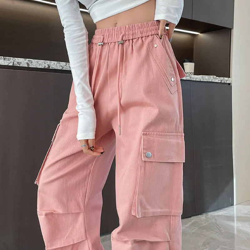 Washed Cotton Cargo Pants for Women Featuring Pleated Details and Patchwork Design