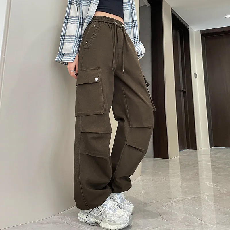Washed Cotton Cargo Pants for Women Featuring Pleated Details and Patchwork Design