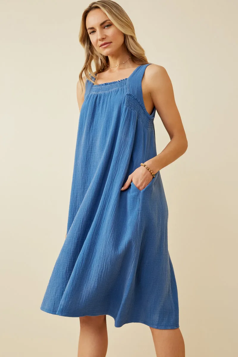 Washed Textured Smock Detail Tank Dress