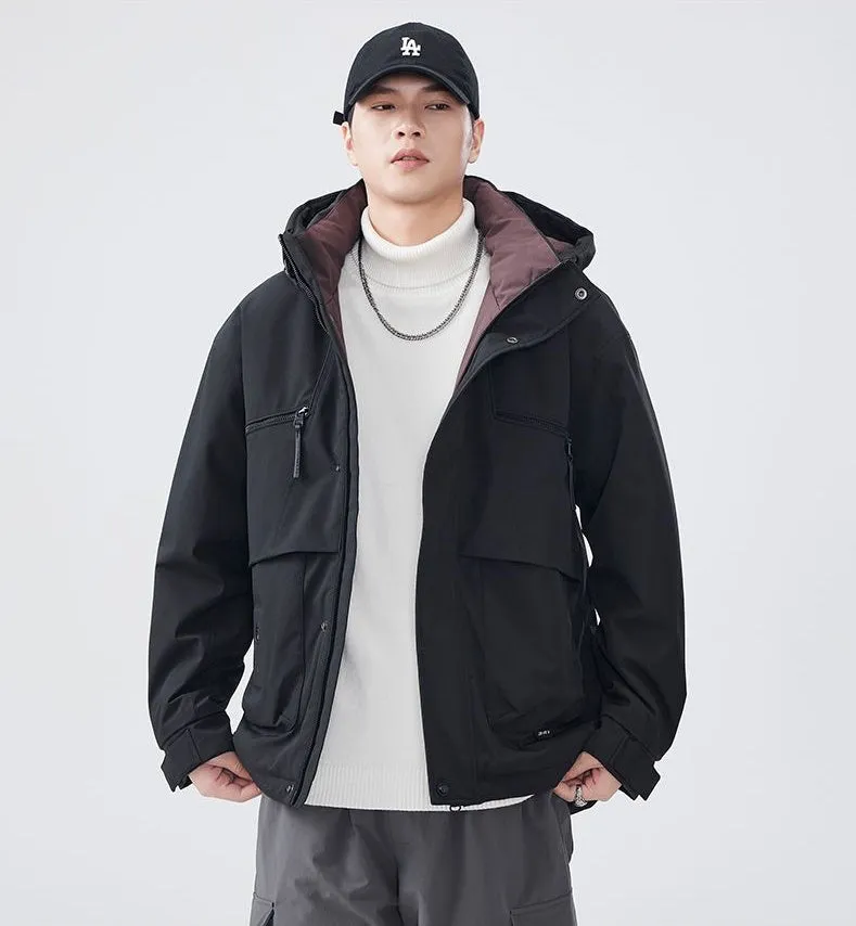 Water-resistant Relaxed-fit Puffer Jacket for Men with Hood and Solid Color
