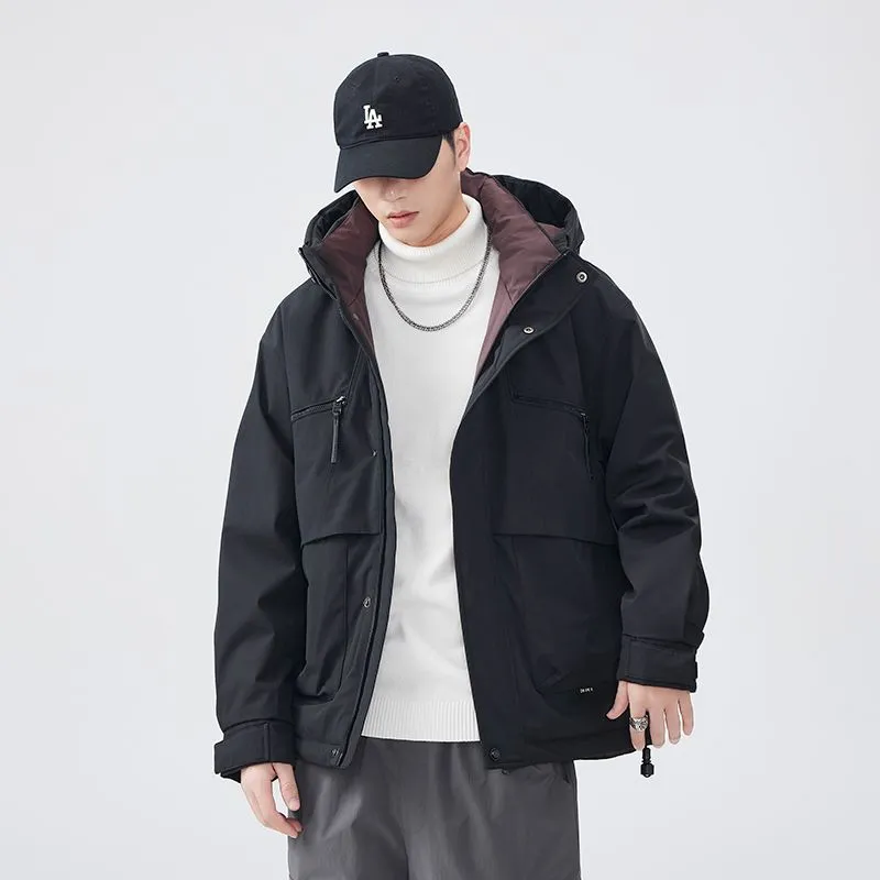 Water-resistant Relaxed-fit Puffer Jacket for Men with Hood and Solid Color