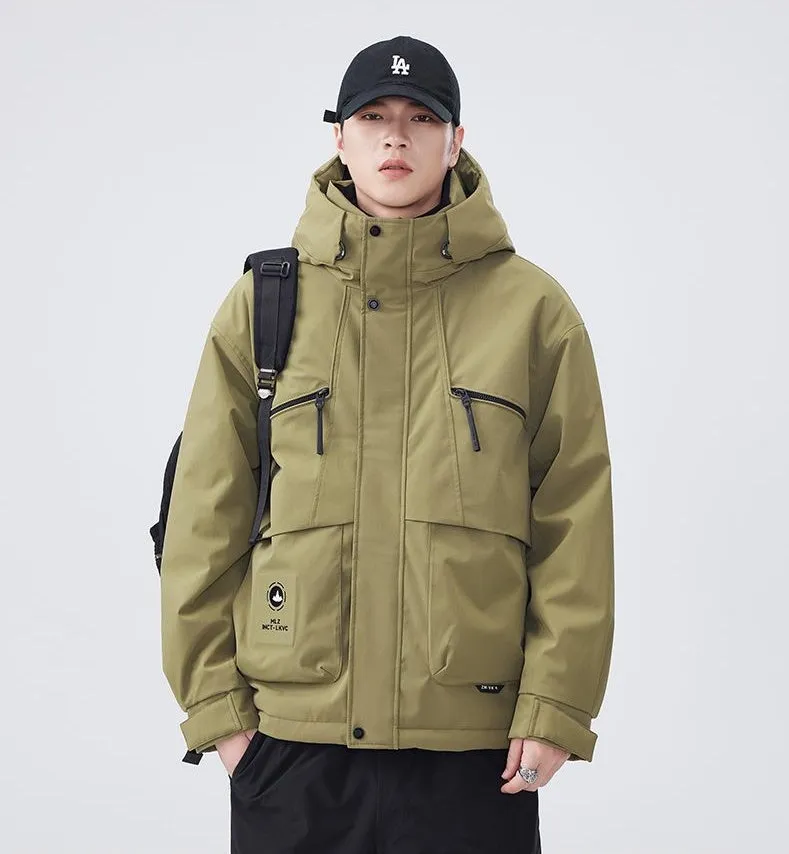 Water-resistant Relaxed-fit Puffer Jacket for Men with Hood and Solid Color