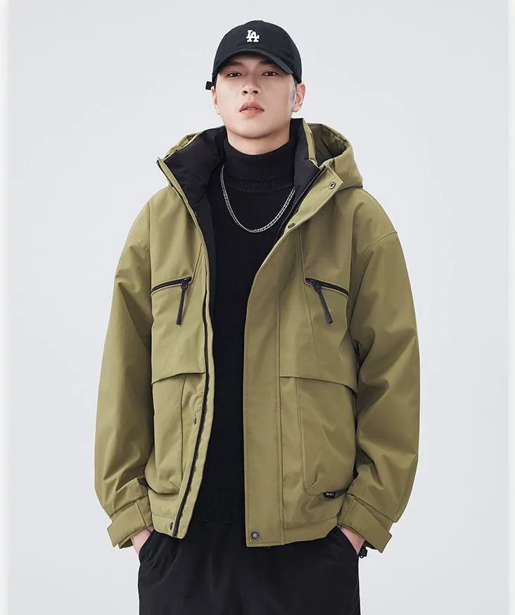 Water-resistant Relaxed-fit Puffer Jacket for Men with Hood and Solid Color