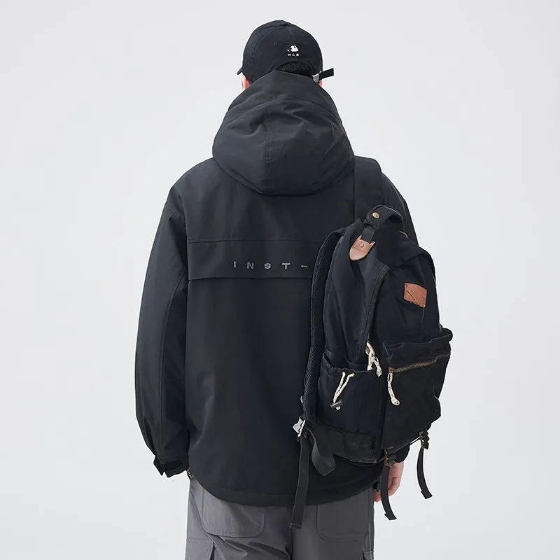 Water-resistant Relaxed-fit Puffer Jacket for Men with Hood and Solid Color