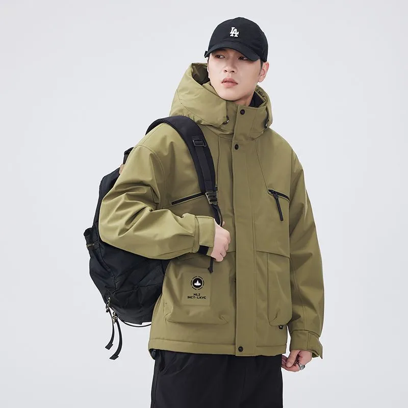 Water-resistant Relaxed-fit Puffer Jacket for Men with Hood and Solid Color