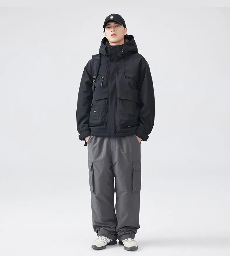 Water-resistant Relaxed-fit Puffer Jacket for Men with Hood and Solid Color
