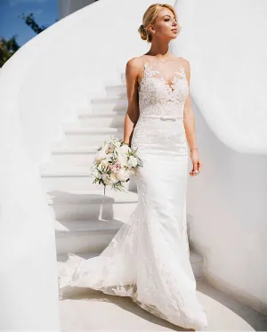 Wedding Dress Mermaid V-Neck Tank Lace Appliques Sashes Bow Backless Sleeveless Floor Length Sweep Train Gorgeous Bride Gown New