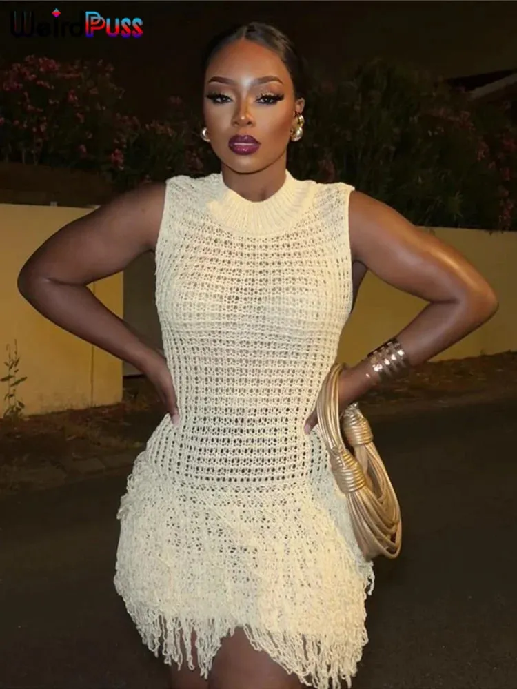 Weird Puss Crochet Tassel Sleeveless Dress