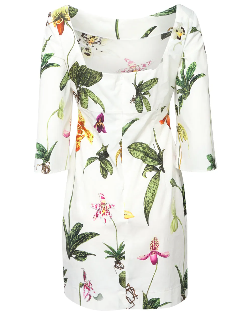 White Orchid Print Bateau Neck Mini Dress