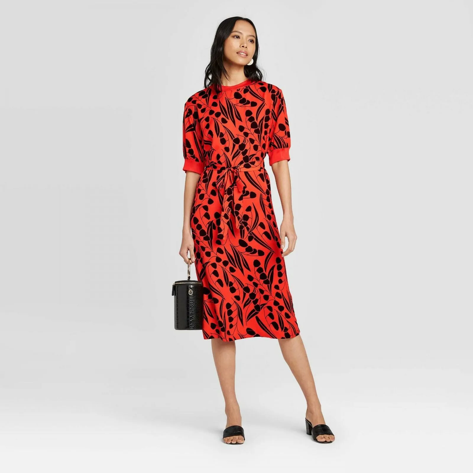 Who What Wear Women's Floral Print Short Sleeve High Neck A-Line Dress