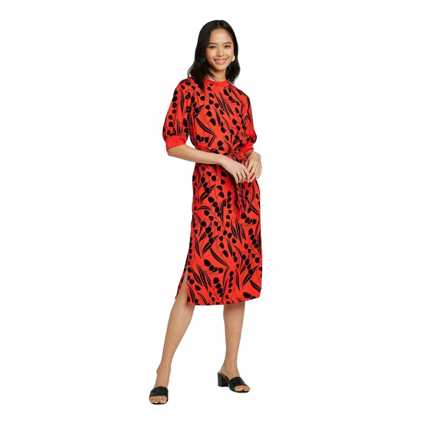 Who What Wear Women's Floral Print Short Sleeve High Neck A-Line Dress