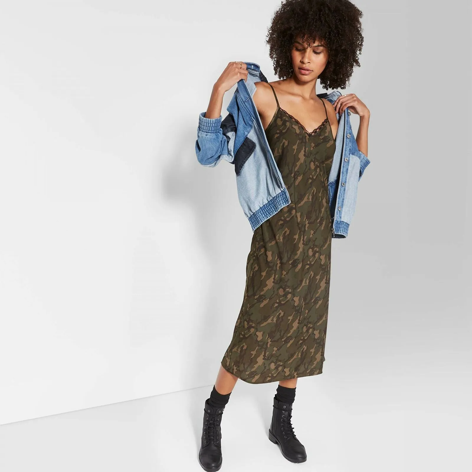 Wild Fable Women's Camo Print Sleeveless V-Neck Midi Slip Dress