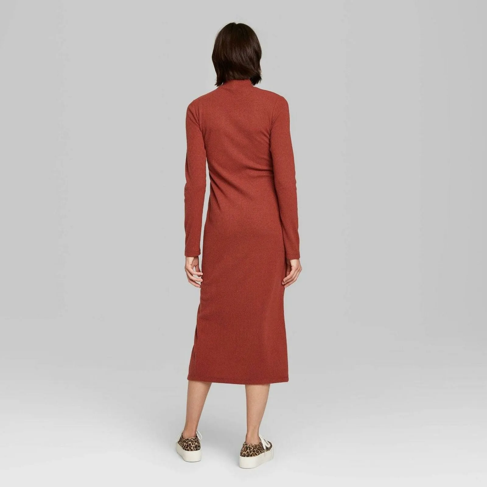 Wild Fable Women's Long Sleeve Mock Neck Rib Knit Midi Dress