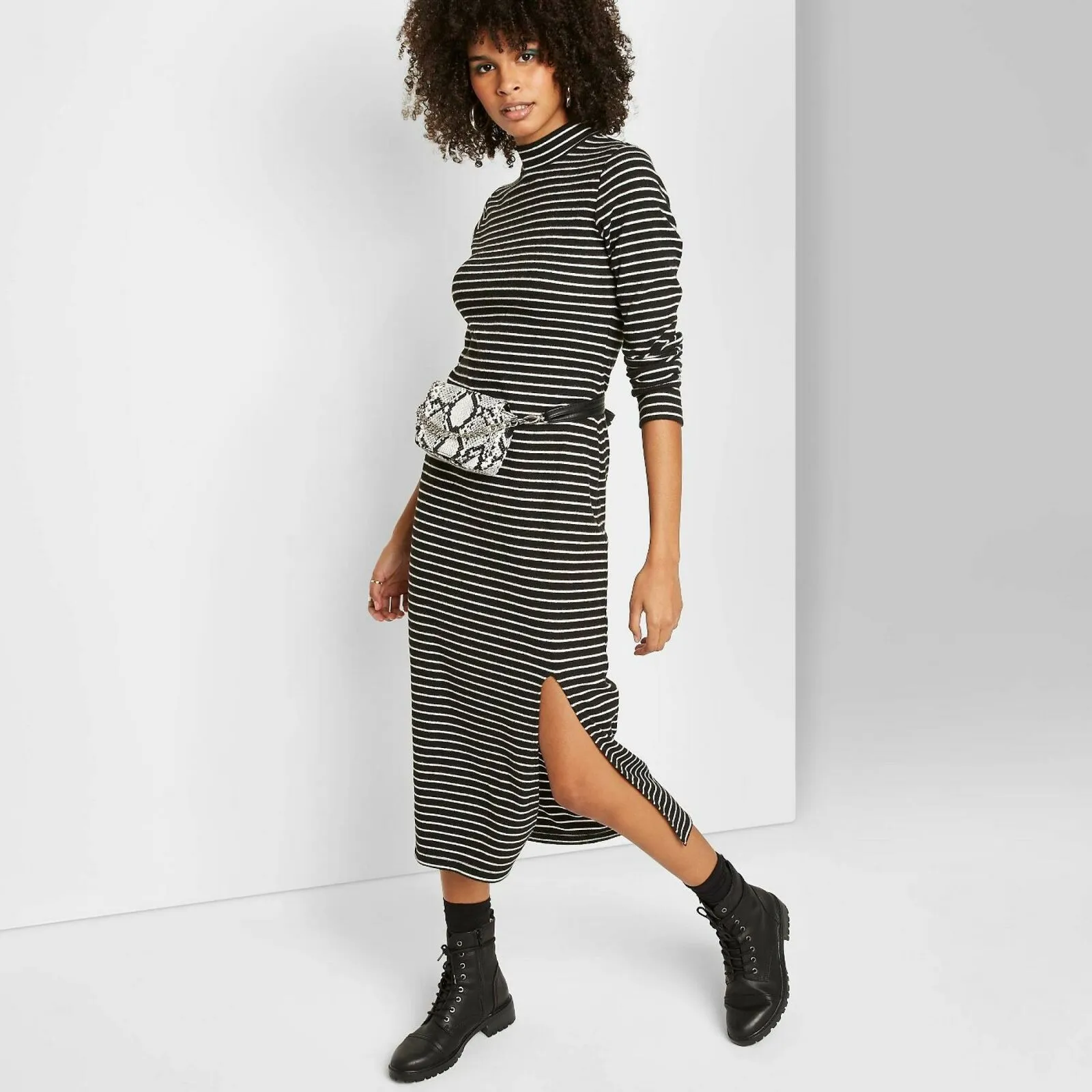 Wild Fable Women's Long Sleeve Mock Neck Rib Knit Midi Dress