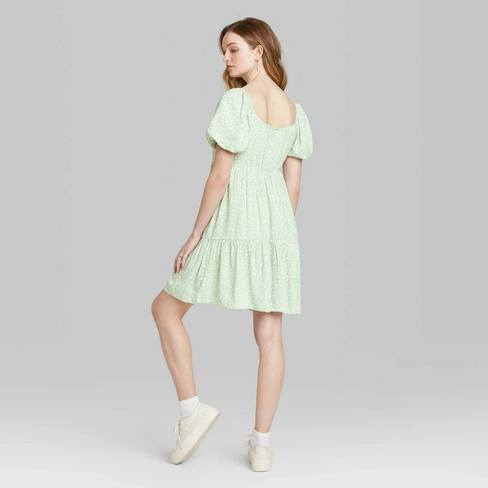 Wild Fable Women's Short Puff Sleeve Round Neck Babydoll Mini Dress