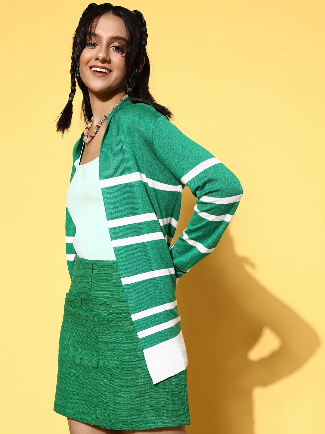 Women Green & White Striped Rib Front Open Shrug