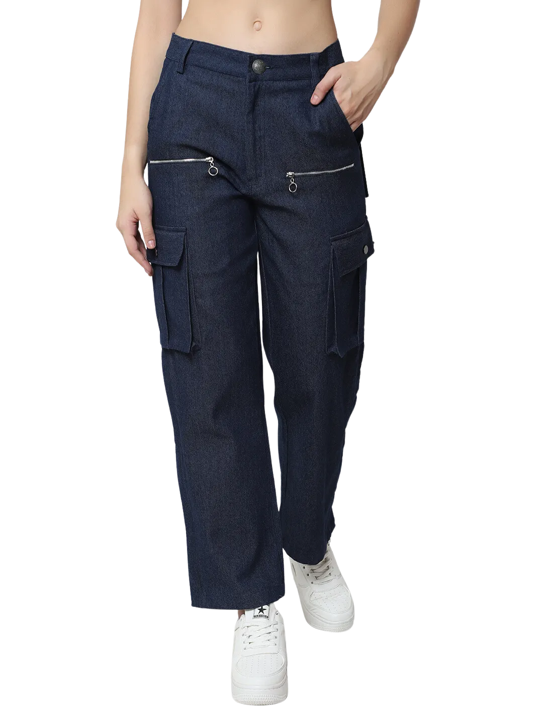 Women's 8 Pocket Denim Cargo Pants (Blue)