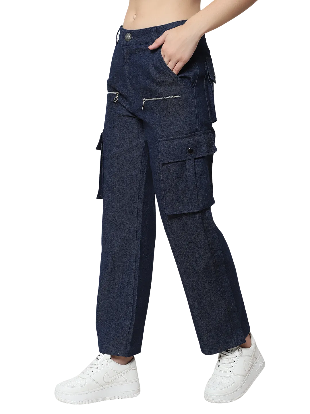 Women's 8 Pocket Denim Cargo Pants (Blue)
